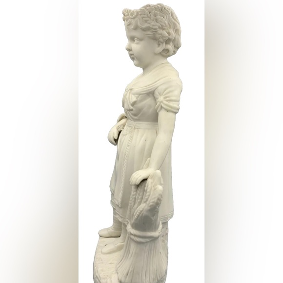 JW754 13.5” tall Antique Bisque Porcelain Girl holding Basket Statue Marked - Picture 9 of 12